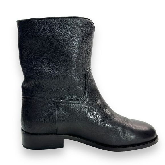 Tory Burch Boots Size 7 M Black Leather Gold Logo Hallie Mid Shaft Short Riding - Picture 7 of 13